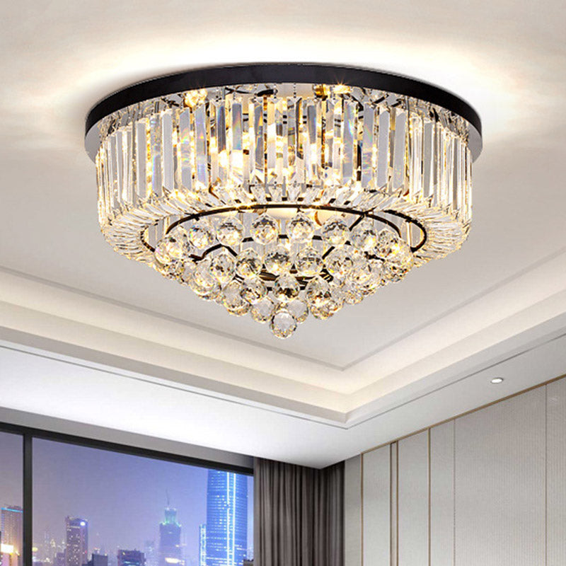 Drum Flush Mount Light Contemporary Tri-Sided Crystal Rod 4/6/9 Heads Black Ceiling Light Fixture, 14"/18"/23.5" Wide Clearhalo 'Ceiling Lights' 'Close To Ceiling Lights' 'Close to ceiling' 'Flush mount' Lighting' 280587