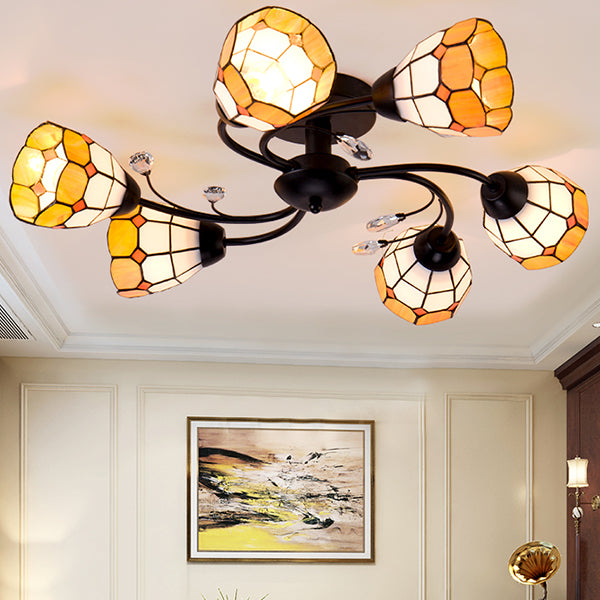 4/6/8 Lights Stained Glass Bell Semi Flushmount with Crystal Decoration and Leaf/Blue Square/Sky Blue Square/Yellow Square Pattern Rustic Semi Flush Light in Black 6 Black Yellow Square Clearhalo 'Ceiling Lights' 'Close To Ceiling Lights' 'Close to ceiling' 'Glass shade' 'Glass' 'Semi-flushmount' 'Tiffany close to ceiling' 'Tiffany' Lighting' 28059