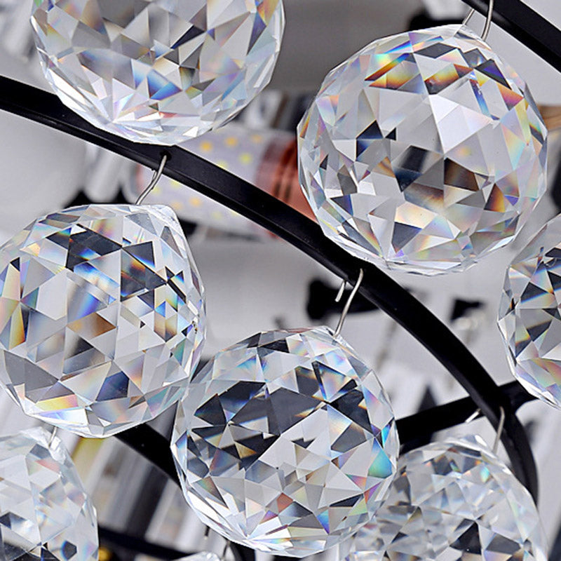 Drum Flush Mount Light Contemporary Tri-Sided Crystal Rod 4/6/9 Heads Black Ceiling Light Fixture, 14"/18"/23.5" Wide Clearhalo 'Ceiling Lights' 'Close To Ceiling Lights' 'Close to ceiling' 'Flush mount' Lighting' 280593