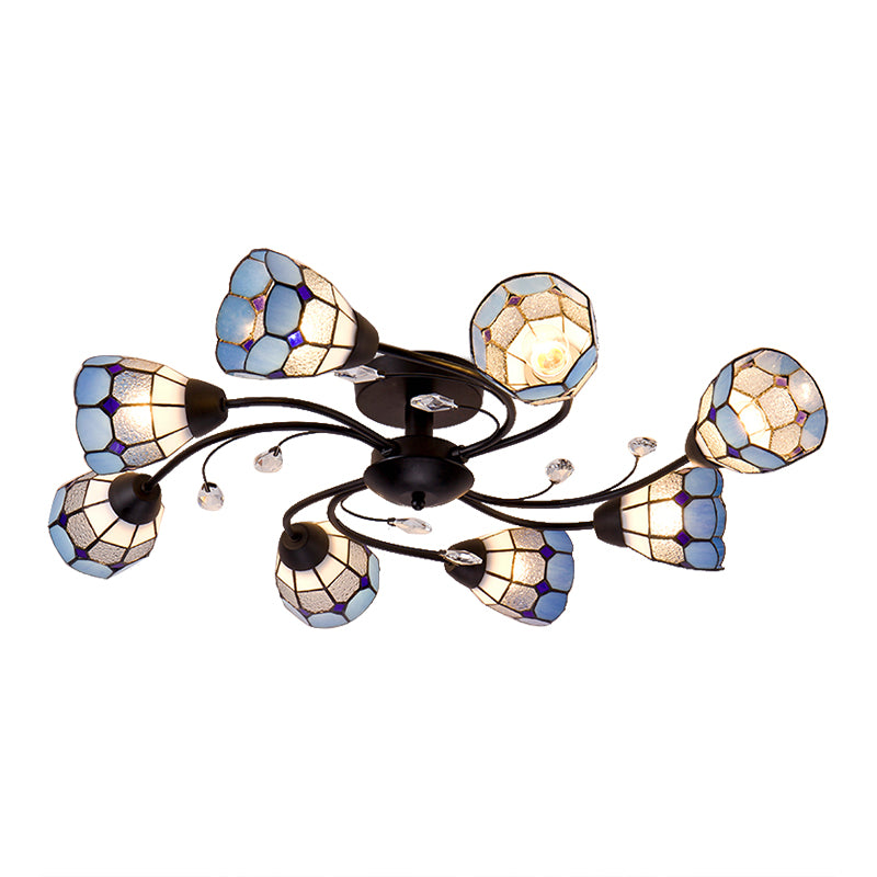 4/6/8 Lights Stained Glass Bell Semi Flushmount with Crystal Decoration and Leaf/Blue Square/Sky Blue Square/Yellow Square Pattern Rustic Semi Flush Light in Black Clearhalo 'Ceiling Lights' 'Close To Ceiling Lights' 'Close to ceiling' 'Glass shade' 'Glass' 'Semi-flushmount' 'Tiffany close to ceiling' 'Tiffany' Lighting' 28060