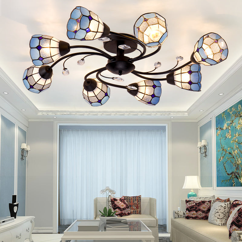 4/6/8 Lights Stained Glass Bell Semi Flushmount with Crystal Decoration and Leaf/Blue Square/Sky Blue Square/Yellow Square Pattern Rustic Semi Flush Light in Black 8 Black Blue Square Clearhalo 'Ceiling Lights' 'Close To Ceiling Lights' 'Close to ceiling' 'Glass shade' 'Glass' 'Semi-flushmount' 'Tiffany close to ceiling' 'Tiffany' Lighting' 28061