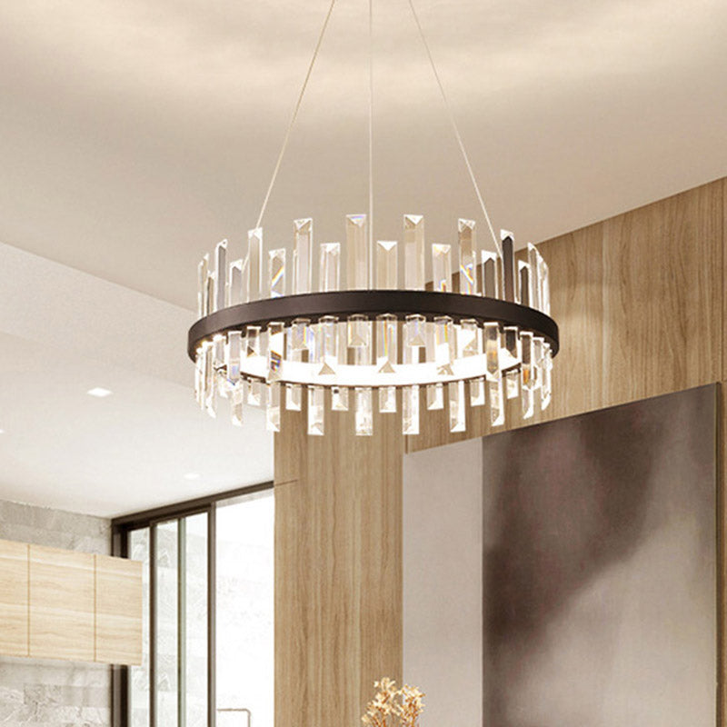Circular Pendant Ceiling Light Modern Rectangle-Cut Crystal Black/White LED Chandelier Lamp in Warm Light, 23.5"/31.5" Wide Clearhalo 'Ceiling Lights' 'Chandeliers' 'Modern Chandeliers' 'Modern' Lighting' 280652