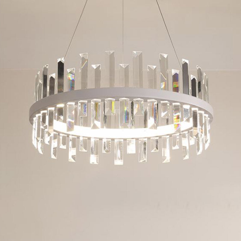 Circular Pendant Ceiling Light Modern Rectangle-Cut Crystal Black/White LED Chandelier Lamp in Warm Light, 23.5"/31.5" Wide White Warm Clearhalo 'Ceiling Lights' 'Chandeliers' 'Modern Chandeliers' 'Modern' Lighting' 280659