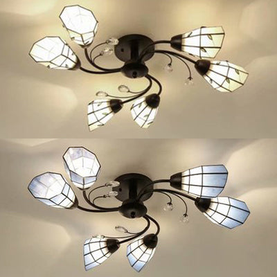 Tiffany Loft Bell Ceiling Light with Clear Crystal 6 Lights Living Room Semi Flush Light Fixture in Beige/Blue Clearhalo 'Ceiling Lights' 'Close To Ceiling Lights' 'Close to ceiling' 'Glass shade' 'Glass' 'Semi-flushmount' 'Tiffany close to ceiling' 'Tiffany' Lighting' 28069