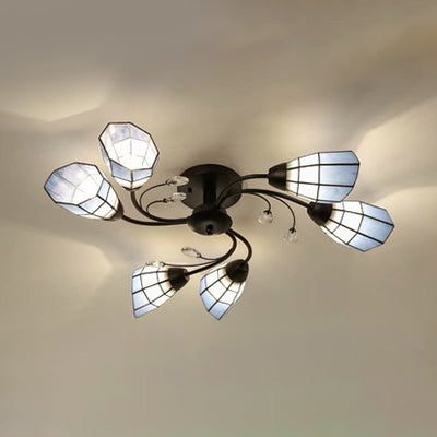 Tiffany Loft Bell Ceiling Light with Clear Crystal 6 Lights Living Room Semi Flush Light Fixture in Beige/Blue Blue Clearhalo 'Ceiling Lights' 'Close To Ceiling Lights' 'Close to ceiling' 'Glass shade' 'Glass' 'Semi-flushmount' 'Tiffany close to ceiling' 'Tiffany' Lighting' 28071