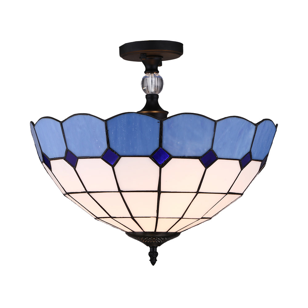 12"/16" Wide Bowl Semi Flush Mount Light Mediterranean Stained Glass Ceiling Light in Blue Clearhalo 'Ceiling Lights' 'Close To Ceiling Lights' 'Close to ceiling' 'Glass shade' 'Glass' 'Semi-flushmount' 'Tiffany close to ceiling' 'Tiffany' Lighting' 28082