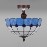 12"/16" Wide Bowl Semi Flush Mount Light Mediterranean Stained Glass Ceiling Light in Blue Clearhalo 'Ceiling Lights' 'Close To Ceiling Lights' 'Close to ceiling' 'Glass shade' 'Glass' 'Semi-flushmount' 'Tiffany close to ceiling' 'Tiffany' Lighting' 28083