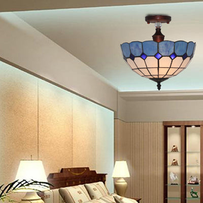12"/16" Wide Bowl Semi Flush Mount Light Mediterranean Stained Glass Ceiling Light in Blue Clearhalo 'Ceiling Lights' 'Close To Ceiling Lights' 'Close to ceiling' 'Glass shade' 'Glass' 'Semi-flushmount' 'Tiffany close to ceiling' 'Tiffany' Lighting' 28085
