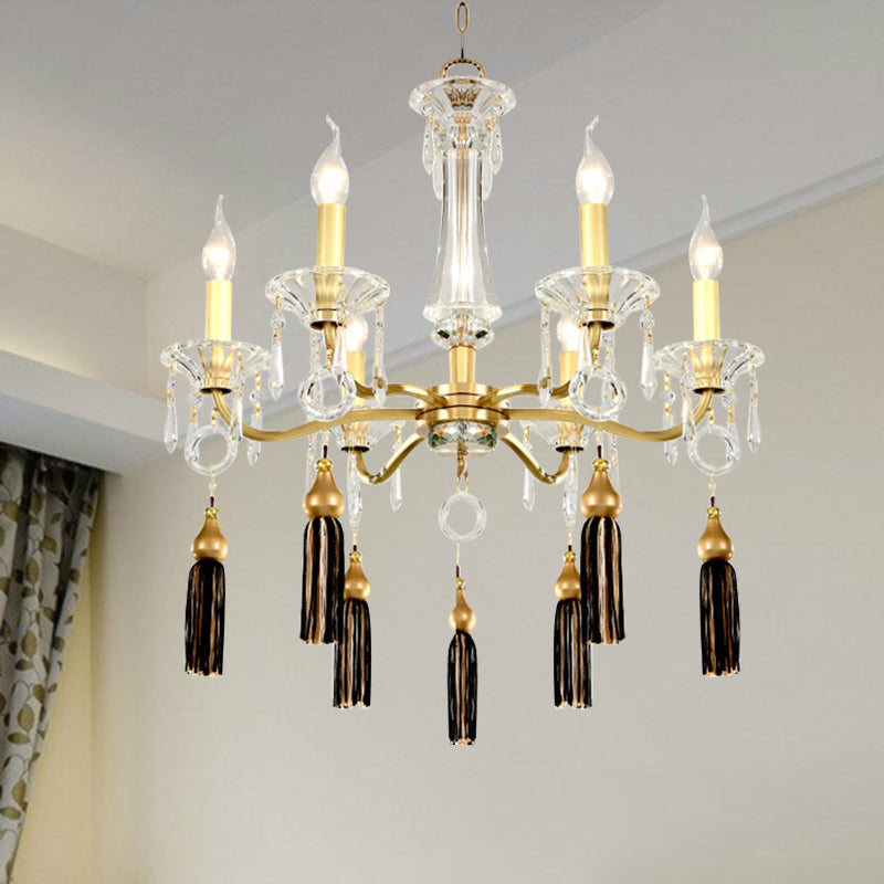 Clear Crystal Suspension Lamp Vintage 6 Heads Gold Hanging Chandelier with Tassel Decoration Clearhalo 'Ceiling Lights' 'Chandeliers' 'Modern Chandeliers' 'Modern' Lighting' 280873