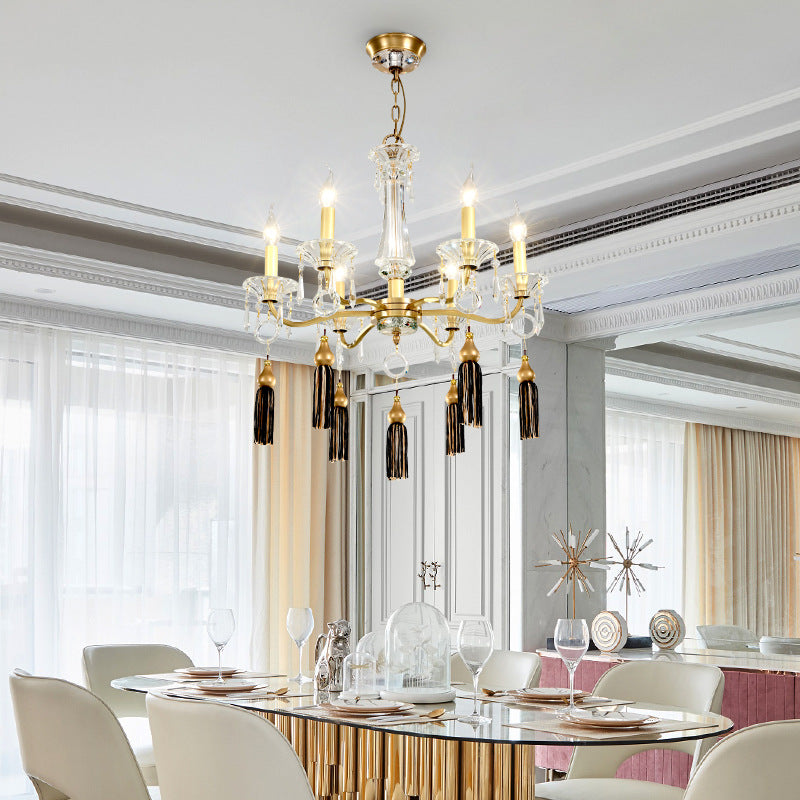 Clear Crystal Suspension Lamp Vintage 6 Heads Gold Hanging Chandelier with Tassel Decoration Clearhalo 'Ceiling Lights' 'Chandeliers' 'Modern Chandeliers' 'Modern' Lighting' 280875