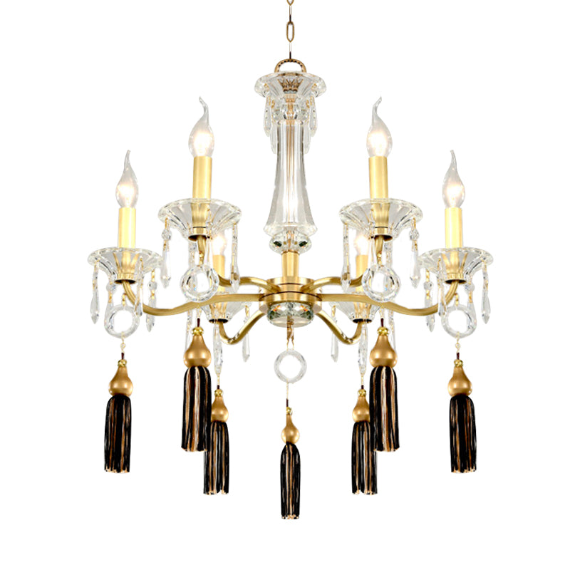Clear Crystal Suspension Lamp Vintage 6 Heads Gold Hanging Chandelier with Tassel Decoration Clearhalo 'Ceiling Lights' 'Chandeliers' 'Modern Chandeliers' 'Modern' Lighting' 280876