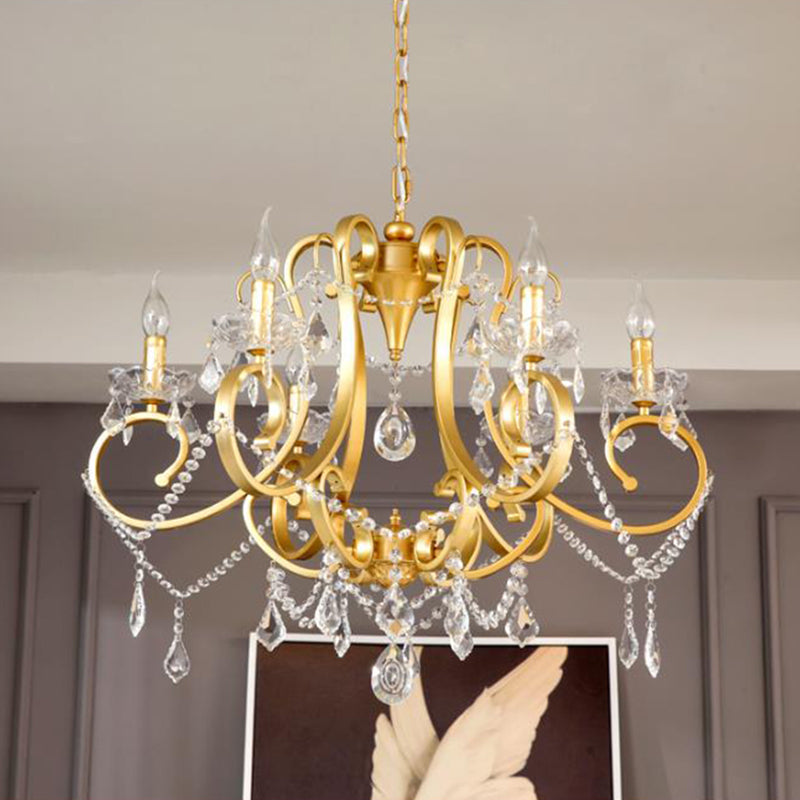 Candle Dining Room Pendant Ceiling Light Crystal Drop 6 Heads Postmodern Chandelier Lamp in Brass Clearhalo 'Ceiling Lights' 'Chandeliers' 'Modern Chandeliers' 'Modern' Lighting' 280933