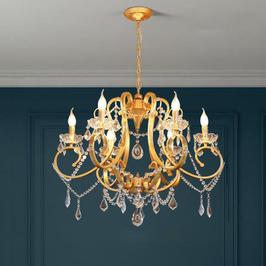 Candle Dining Room Pendant Ceiling Light Crystal Drop 6 Heads Postmodern Chandelier Lamp in Brass Brass Clearhalo 'Ceiling Lights' 'Chandeliers' 'Modern Chandeliers' 'Modern' Lighting' 280934
