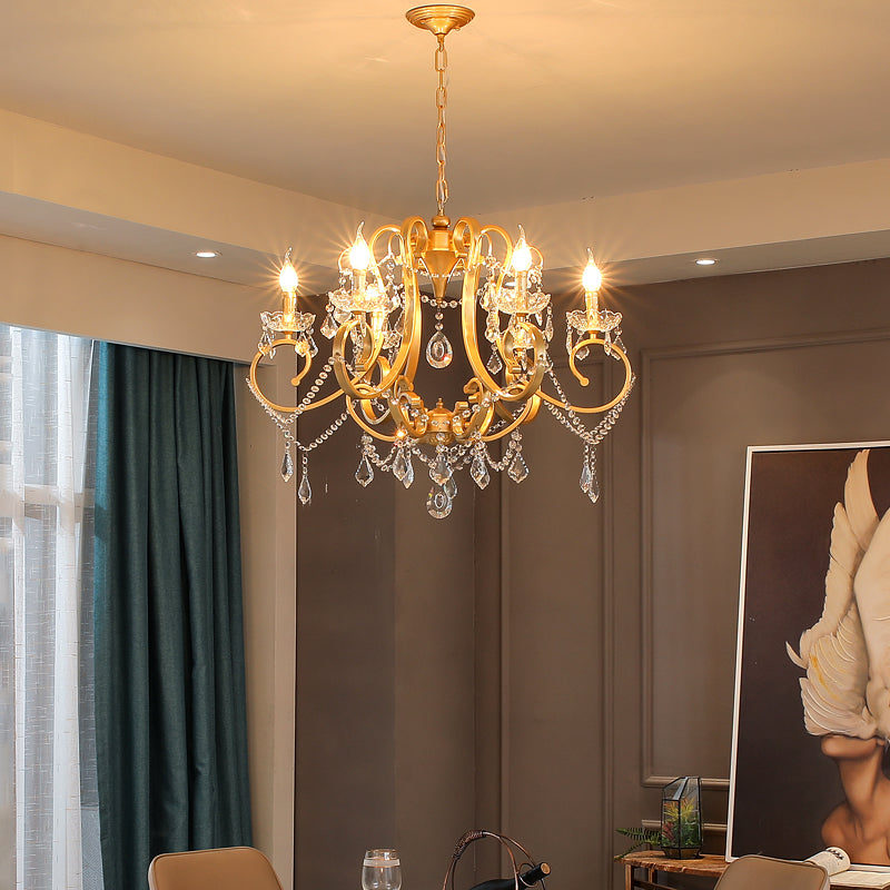 Candle Dining Room Pendant Ceiling Light Crystal Drop 6 Heads Postmodern Chandelier Lamp in Brass Clearhalo 'Ceiling Lights' 'Chandeliers' 'Modern Chandeliers' 'Modern' Lighting' 280935