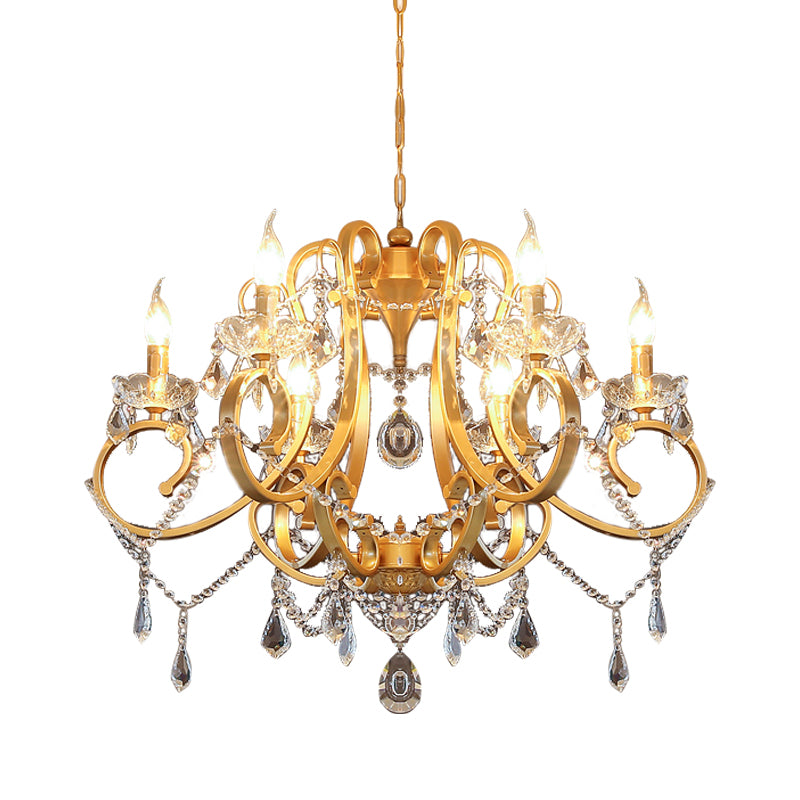 Candle Dining Room Pendant Ceiling Light Crystal Drop 6 Heads Postmodern Chandelier Lamp in Brass Clearhalo 'Ceiling Lights' 'Chandeliers' 'Modern Chandeliers' 'Modern' Lighting' 280936