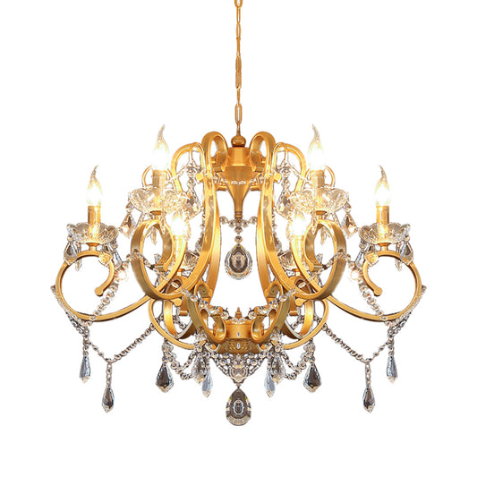 Candle Dining Room Pendant Ceiling Light Crystal Drop 6 Heads Postmodern Chandelier Lamp in Brass Clearhalo 'Ceiling Lights' 'Chandeliers' 'Modern Chandeliers' 'Modern' Lighting' 280936