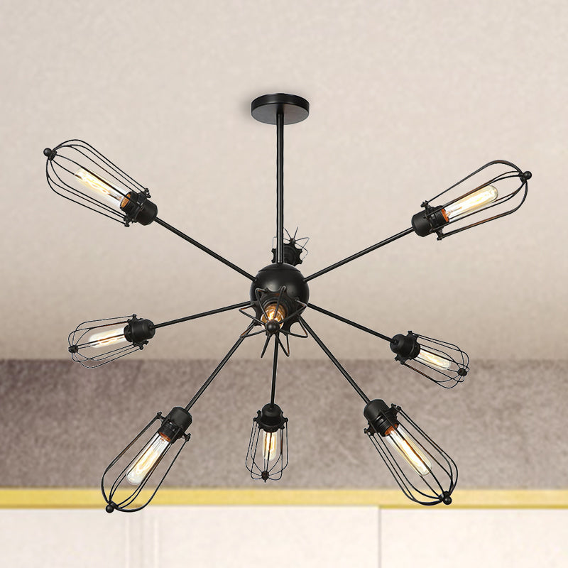 Metal Bulb Cage Chandelier Lighting Fixture Warehouse Style 9/12/15 Heads Black Hanging Lamp for Living Room 9 Black Clearhalo 'Cast Iron' 'Ceiling Lights' 'Chandeliers' 'Industrial Chandeliers' 'Industrial' 'Metal' 'Middle Century Chandeliers' 'Rustic Chandeliers' 'Tiffany' Lighting' 281048