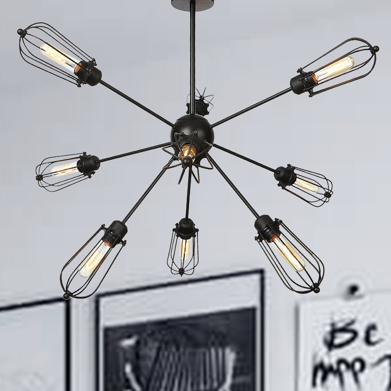 Metal Bulb Cage Chandelier Lighting Fixture Warehouse Style 9/12/15 Heads Black Hanging Lamp for Living Room Clearhalo 'Cast Iron' 'Ceiling Lights' 'Chandeliers' 'Industrial Chandeliers' 'Industrial' 'Metal' 'Middle Century Chandeliers' 'Rustic Chandeliers' 'Tiffany' Lighting' 281049