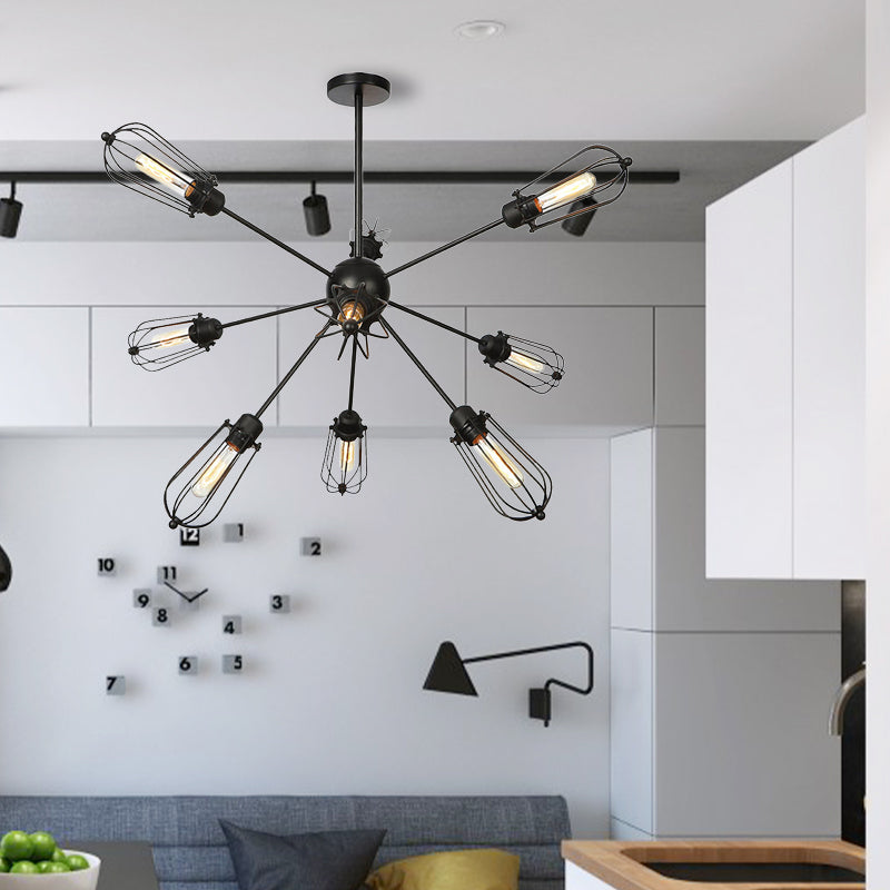 Metal Bulb Cage Chandelier Lighting Fixture Warehouse Style 9/12/15 Heads Black Hanging Lamp for Living Room Clearhalo 'Cast Iron' 'Ceiling Lights' 'Chandeliers' 'Industrial Chandeliers' 'Industrial' 'Metal' 'Middle Century Chandeliers' 'Rustic Chandeliers' 'Tiffany' Lighting' 281050