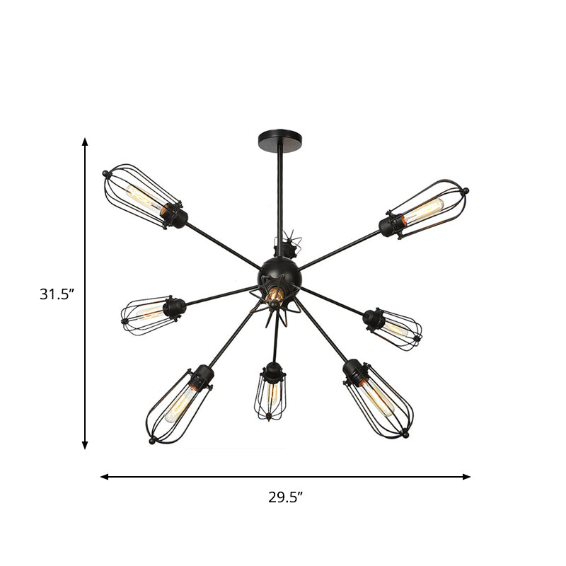Metal Bulb Cage Chandelier Lighting Fixture Warehouse Style 9/12/15 Heads Black Hanging Lamp for Living Room Clearhalo 'Cast Iron' 'Ceiling Lights' 'Chandeliers' 'Industrial Chandeliers' 'Industrial' 'Metal' 'Middle Century Chandeliers' 'Rustic Chandeliers' 'Tiffany' Lighting' 281052