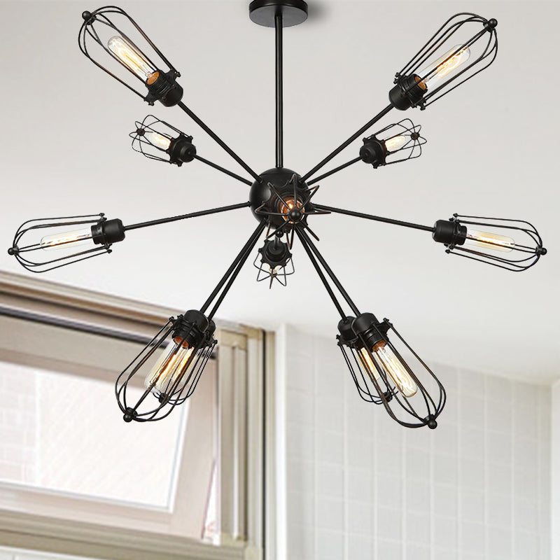 Metal Bulb Cage Chandelier Lighting Fixture Warehouse Style 9/12/15 Heads Black Hanging Lamp for Living Room 12 Black Clearhalo 'Cast Iron' 'Ceiling Lights' 'Chandeliers' 'Industrial Chandeliers' 'Industrial' 'Metal' 'Middle Century Chandeliers' 'Rustic Chandeliers' 'Tiffany' Lighting' 281053