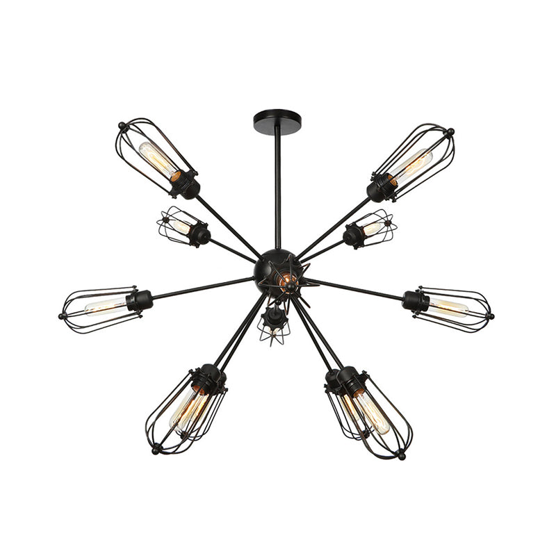 Metal Bulb Cage Chandelier Lighting Fixture Warehouse Style 9/12/15 Heads Black Hanging Lamp for Living Room Clearhalo 'Cast Iron' 'Ceiling Lights' 'Chandeliers' 'Industrial Chandeliers' 'Industrial' 'Metal' 'Middle Century Chandeliers' 'Rustic Chandeliers' 'Tiffany' Lighting' 281055