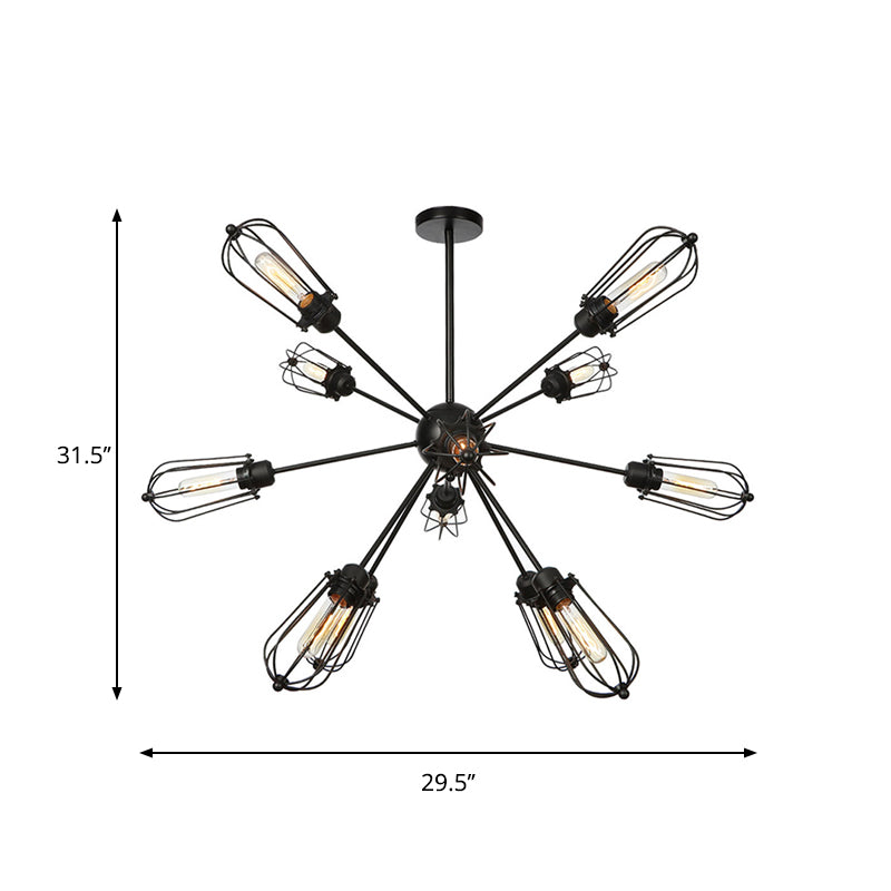Metal Bulb Cage Chandelier Lighting Fixture Warehouse Style 9/12/15 Heads Black Hanging Lamp for Living Room Clearhalo 'Cast Iron' 'Ceiling Lights' 'Chandeliers' 'Industrial Chandeliers' 'Industrial' 'Metal' 'Middle Century Chandeliers' 'Rustic Chandeliers' 'Tiffany' Lighting' 281056