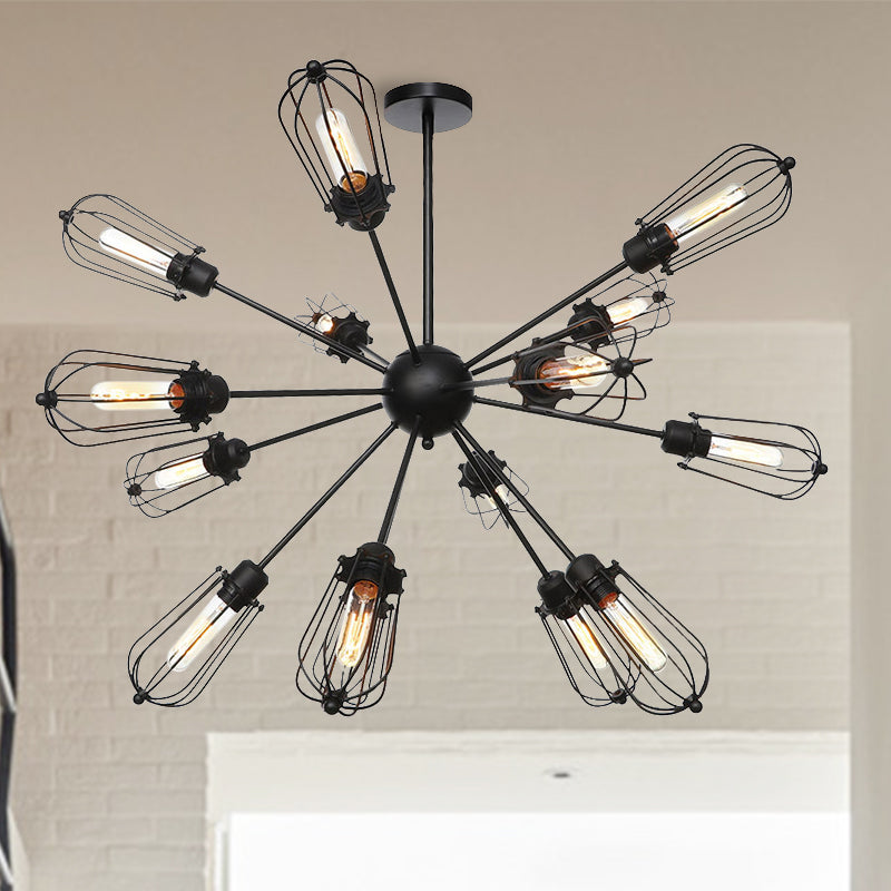 Metal Bulb Cage Chandelier Lighting Fixture Warehouse Style 9/12/15 Heads Black Hanging Lamp for Living Room 15 Black Clearhalo 'Cast Iron' 'Ceiling Lights' 'Chandeliers' 'Industrial Chandeliers' 'Industrial' 'Metal' 'Middle Century Chandeliers' 'Rustic Chandeliers' 'Tiffany' Lighting' 281057