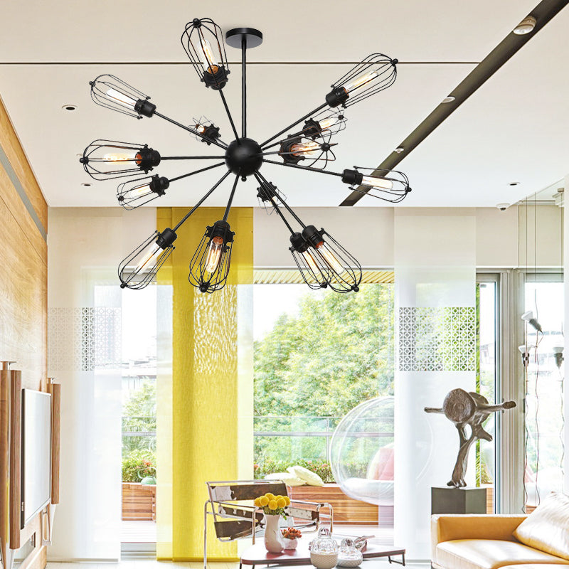 Metal Bulb Cage Chandelier Lighting Fixture Warehouse Style 9/12/15 Heads Black Hanging Lamp for Living Room Clearhalo 'Cast Iron' 'Ceiling Lights' 'Chandeliers' 'Industrial Chandeliers' 'Industrial' 'Metal' 'Middle Century Chandeliers' 'Rustic Chandeliers' 'Tiffany' Lighting' 281058