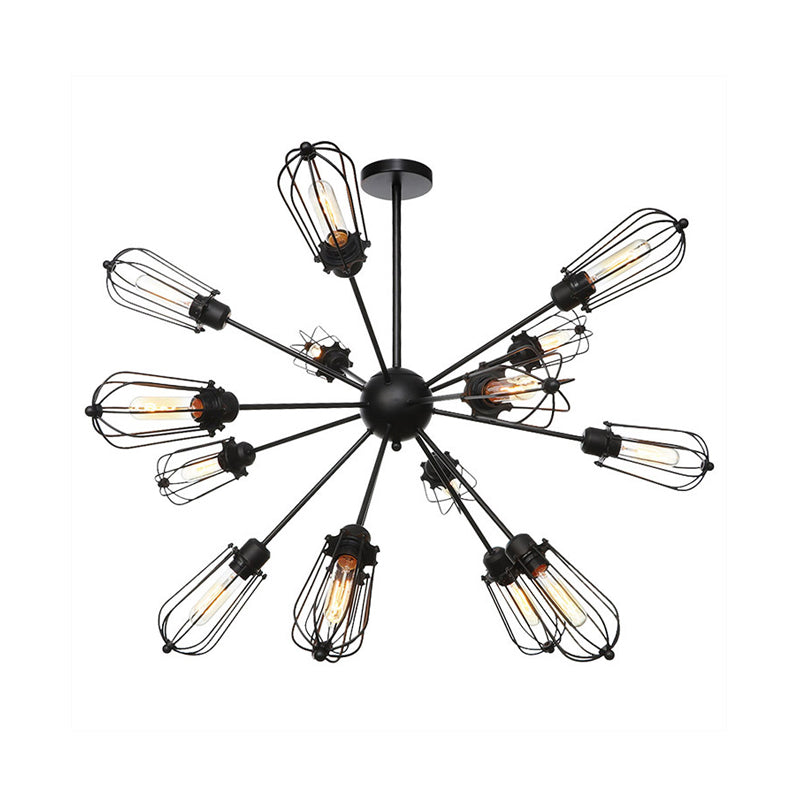 Metal Bulb Cage Chandelier Lighting Fixture Warehouse Style 9/12/15 Heads Black Hanging Lamp for Living Room Clearhalo 'Cast Iron' 'Ceiling Lights' 'Chandeliers' 'Industrial Chandeliers' 'Industrial' 'Metal' 'Middle Century Chandeliers' 'Rustic Chandeliers' 'Tiffany' Lighting' 281059