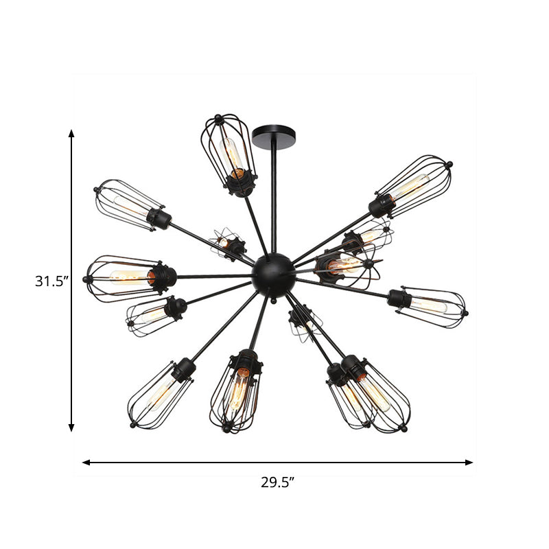 Metal Bulb Cage Chandelier Lighting Fixture Warehouse Style 9/12/15 Heads Black Hanging Lamp for Living Room Clearhalo 'Cast Iron' 'Ceiling Lights' 'Chandeliers' 'Industrial Chandeliers' 'Industrial' 'Metal' 'Middle Century Chandeliers' 'Rustic Chandeliers' 'Tiffany' Lighting' 281060