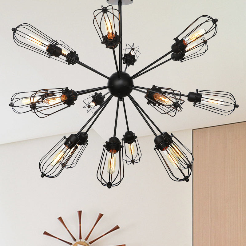 Metal Bulb Cage Chandelier Lighting Fixture Warehouse Style 9/12/15 Heads Black Hanging Lamp for Living Room 18 Black Clearhalo 'Cast Iron' 'Ceiling Lights' 'Chandeliers' 'Industrial Chandeliers' 'Industrial' 'Metal' 'Middle Century Chandeliers' 'Rustic Chandeliers' 'Tiffany' Lighting' 281061