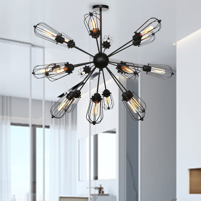 Metal Bulb Cage Chandelier Lighting Fixture Warehouse Style 9/12/15 Heads Black Hanging Lamp for Living Room Clearhalo 'Cast Iron' 'Ceiling Lights' 'Chandeliers' 'Industrial Chandeliers' 'Industrial' 'Metal' 'Middle Century Chandeliers' 'Rustic Chandeliers' 'Tiffany' Lighting' 281062