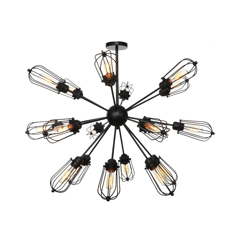 Metal Bulb Cage Chandelier Lighting Fixture Warehouse Style 9/12/15 Heads Black Hanging Lamp for Living Room Clearhalo 'Cast Iron' 'Ceiling Lights' 'Chandeliers' 'Industrial Chandeliers' 'Industrial' 'Metal' 'Middle Century Chandeliers' 'Rustic Chandeliers' 'Tiffany' Lighting' 281063