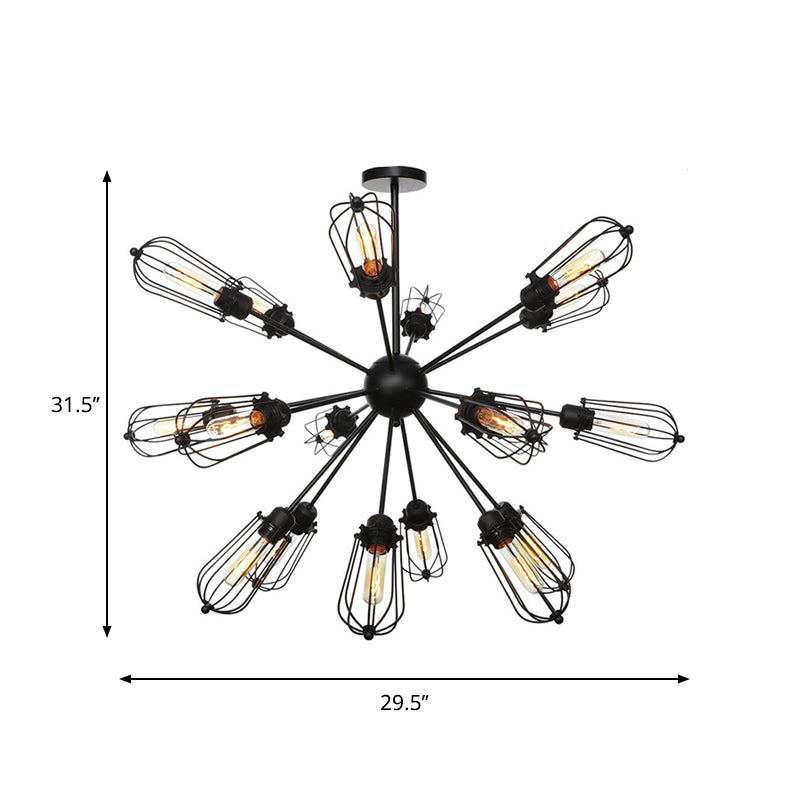 Metal Bulb Cage Chandelier Lighting Fixture Warehouse Style 9/12/15 Heads Black Hanging Lamp for Living Room Clearhalo 'Cast Iron' 'Ceiling Lights' 'Chandeliers' 'Industrial Chandeliers' 'Industrial' 'Metal' 'Middle Century Chandeliers' 'Rustic Chandeliers' 'Tiffany' Lighting' 281064