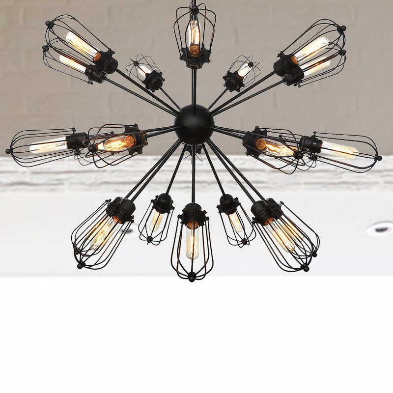 Metal Bulb Cage Chandelier Lighting Fixture Warehouse Style 9/12/15 Heads Black Hanging Lamp for Living Room 21 Black Clearhalo 'Cast Iron' 'Ceiling Lights' 'Chandeliers' 'Industrial Chandeliers' 'Industrial' 'Metal' 'Middle Century Chandeliers' 'Rustic Chandeliers' 'Tiffany' Lighting' 281065