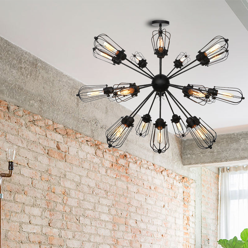 Metal Bulb Cage Chandelier Lighting Fixture Warehouse Style 9/12/15 Heads Black Hanging Lamp for Living Room Clearhalo 'Cast Iron' 'Ceiling Lights' 'Chandeliers' 'Industrial Chandeliers' 'Industrial' 'Metal' 'Middle Century Chandeliers' 'Rustic Chandeliers' 'Tiffany' Lighting' 281066