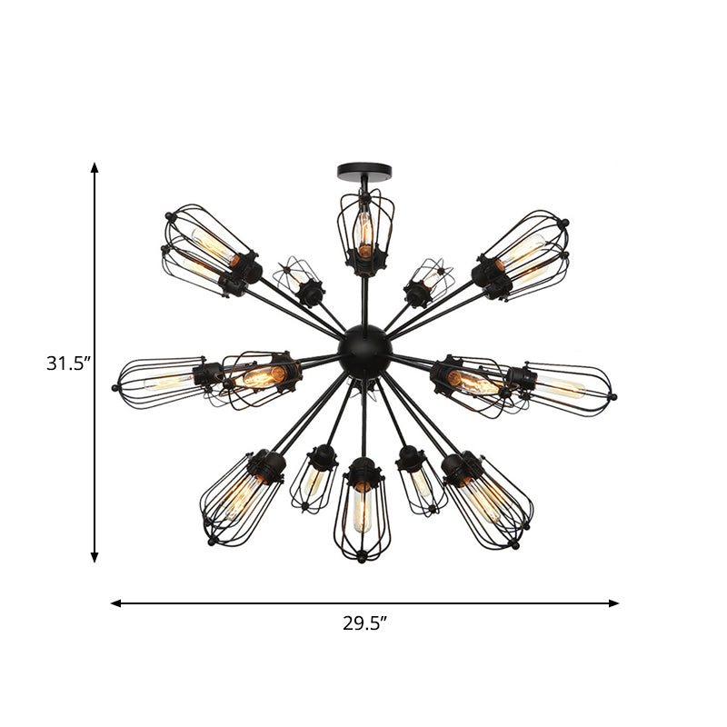 Metal Bulb Cage Chandelier Lighting Fixture Warehouse Style 9/12/15 Heads Black Hanging Lamp for Living Room Clearhalo 'Cast Iron' 'Ceiling Lights' 'Chandeliers' 'Industrial Chandeliers' 'Industrial' 'Metal' 'Middle Century Chandeliers' 'Rustic Chandeliers' 'Tiffany' Lighting' 281068