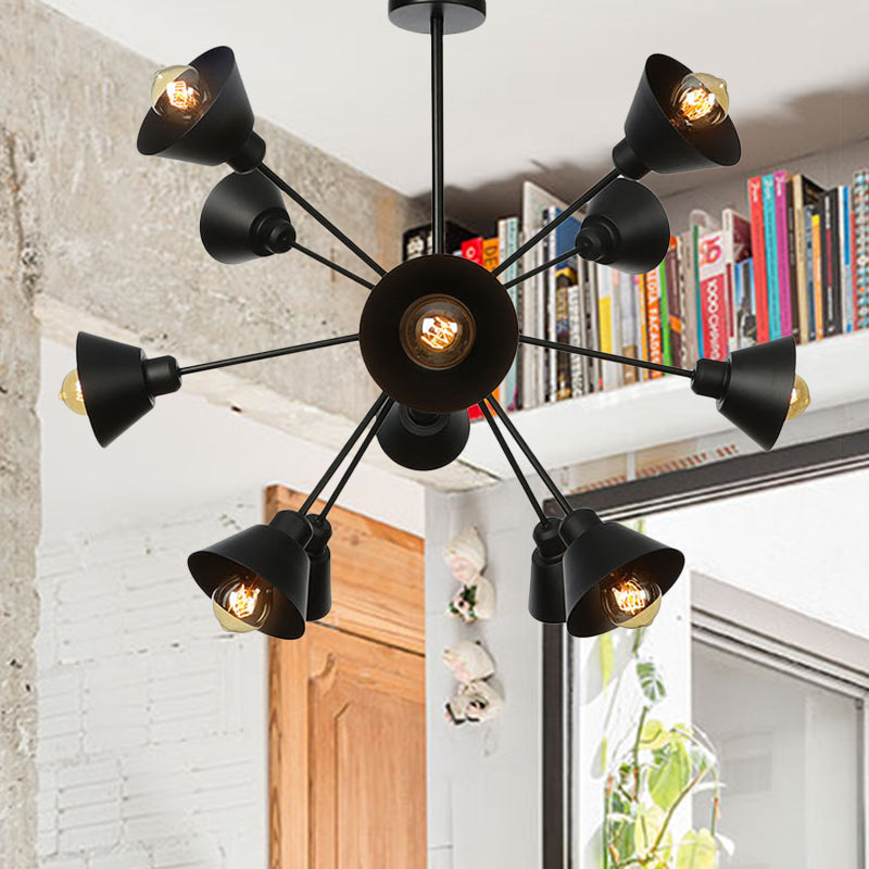 Cone Shade Metal Hanging Lamp Industrial Stylish 9/12/15 Lights Black Chandelier Pendant Light with Sputnik Design 12 Black Clearhalo 'Cast Iron' 'Ceiling Lights' 'Chandeliers' 'Industrial Chandeliers' 'Industrial' 'Metal' 'Middle Century Chandeliers' 'Rustic Chandeliers' 'Tiffany' Lighting' 281099