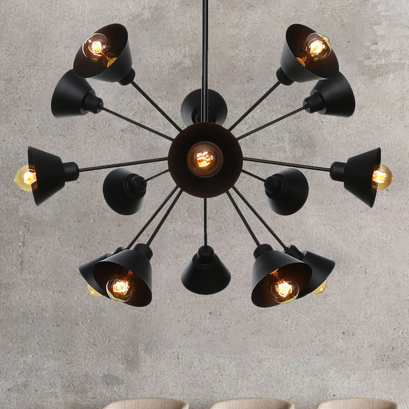 Cone Shade Metal Hanging Lamp Industrial Stylish 9/12/15 Lights Black Chandelier Pendant Light with Sputnik Design 15 Black Clearhalo 'Cast Iron' 'Ceiling Lights' 'Chandeliers' 'Industrial Chandeliers' 'Industrial' 'Metal' 'Middle Century Chandeliers' 'Rustic Chandeliers' 'Tiffany' Lighting' 281104