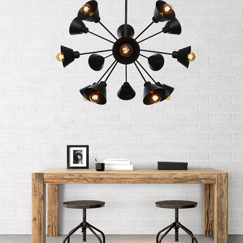 Cone Shade Metal Hanging Lamp Industrial Stylish 9/12/15 Lights Black Chandelier Pendant Light with Sputnik Design Clearhalo 'Cast Iron' 'Ceiling Lights' 'Chandeliers' 'Industrial Chandeliers' 'Industrial' 'Metal' 'Middle Century Chandeliers' 'Rustic Chandeliers' 'Tiffany' Lighting' 281105