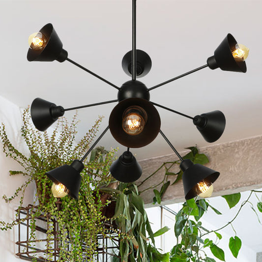 Cone Shade Metal Hanging Lamp Industrial Stylish 9/12/15 Lights Black Chandelier Pendant Light with Sputnik Design 9 Black Clearhalo 'Cast Iron' 'Ceiling Lights' 'Chandeliers' 'Industrial Chandeliers' 'Industrial' 'Metal' 'Middle Century Chandeliers' 'Rustic Chandeliers' 'Tiffany' Lighting' 281108