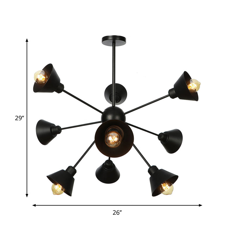 Cone Shade Metal Hanging Lamp Industrial Stylish 9/12/15 Lights Black Chandelier Pendant Light with Sputnik Design Clearhalo 'Cast Iron' 'Ceiling Lights' 'Chandeliers' 'Industrial Chandeliers' 'Industrial' 'Metal' 'Middle Century Chandeliers' 'Rustic Chandeliers' 'Tiffany' Lighting' 281111