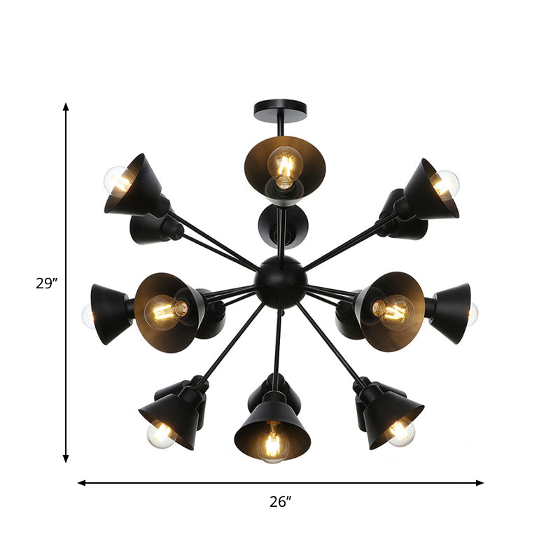 Cone Shade Metal Hanging Lamp Industrial Stylish 9/12/15 Lights Black Chandelier Pendant Light with Sputnik Design Clearhalo 'Cast Iron' 'Ceiling Lights' 'Chandeliers' 'Industrial Chandeliers' 'Industrial' 'Metal' 'Middle Century Chandeliers' 'Rustic Chandeliers' 'Tiffany' Lighting' 281119