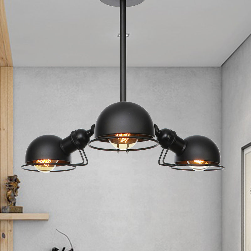 Domed Metallic Pendant Lighting Industrial Style 3 Bulbs Black/Brass Finish Chandelier Light with Wire Frame Black A Clearhalo 'Cast Iron' 'Ceiling Lights' 'Chandeliers' 'Industrial Chandeliers' 'Industrial' 'Metal' 'Middle Century Chandeliers' 'Rustic Chandeliers' 'Tiffany' Lighting' 281163