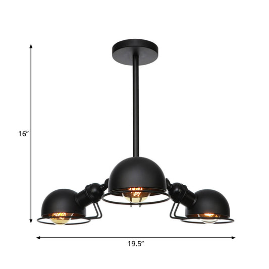 Domed Metallic Pendant Lighting Industrial Style 3 Bulbs Black/Brass Finish Chandelier Light with Wire Frame Clearhalo 'Cast Iron' 'Ceiling Lights' 'Chandeliers' 'Industrial Chandeliers' 'Industrial' 'Metal' 'Middle Century Chandeliers' 'Rustic Chandeliers' 'Tiffany' Lighting' 281166