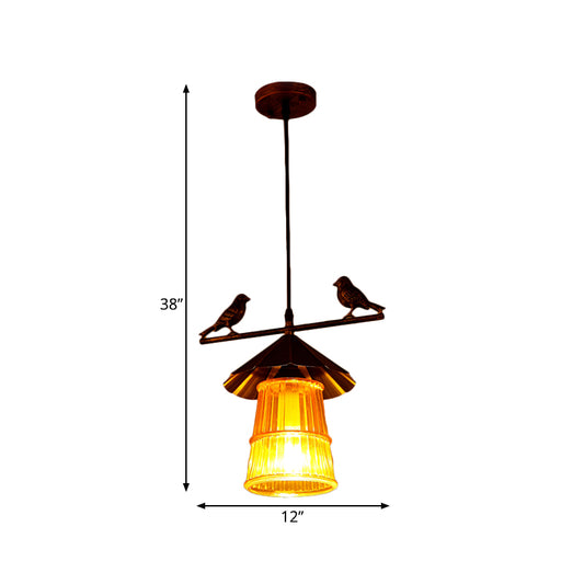 Iron Conical Pendulum Pendant Chinese Style 1 Bulb Bronze Ceiling Suspension Lamp with Ribbed Glass Shade Clearhalo 'Ceiling Lights' 'Glass shade' 'Glass' 'Pendant Lights' 'Pendants' Lighting' 281196