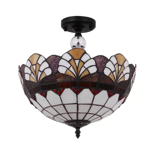 12"/16" W Scalloped Semi Flush Light Traditional Tiffany Stained Glass Ceiling Lamp with Leaf/Victorian/Circle Pattern in Bronze for Foyer Clearhalo 'Ceiling Lights' 'Close To Ceiling Lights' 'Close to ceiling' 'Glass shade' 'Glass' 'Semi-flushmount' 'Tiffany close to ceiling' 'Tiffany' Lighting' 28120