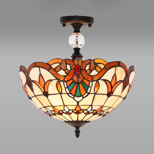 12"/16" W Scalloped Semi Flush Light Traditional Tiffany Stained Glass Ceiling Lamp with Leaf/Victorian/Circle Pattern in Bronze for Foyer Clearhalo 'Ceiling Lights' 'Close To Ceiling Lights' 'Close to ceiling' 'Glass shade' 'Glass' 'Semi-flushmount' 'Tiffany close to ceiling' 'Tiffany' Lighting' 28122