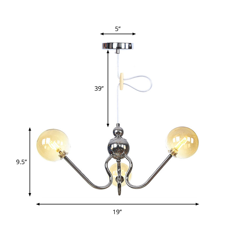 Industrial 3 Heads Hanging Chandelier Lamp with Amber/Clear Glass Shade Black/Chrome Finish Orbit Ceiling Lighting Clearhalo 'Cast Iron' 'Ceiling Lights' 'Chandeliers' 'Industrial Chandeliers' 'Industrial' 'Metal' 'Middle Century Chandeliers' 'Rustic Chandeliers' 'Tiffany' Lighting' 281232